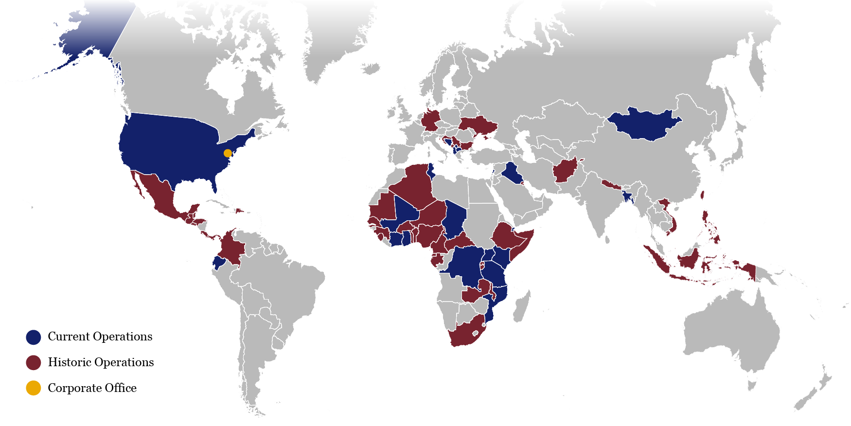 We operate in Africa, Chad, Cote D'Ivoire, Djibouti, Democratic Republic of Congo, Ghana, Kenya, Mali, Mozambique, Tanzania, Asia, Bangladesh, Europe, Eurasia, Albania, Bosnia-Herzegovina, Kosovo, Northern Macedonia, Southwest Asia, Middle East, Lebanon, America, Central America, Ecuador, and the United States.